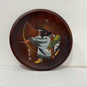 Vintage Japanese Hand Painted Wood Plate Ainu Archer Lake Shikotsu 9 Inches